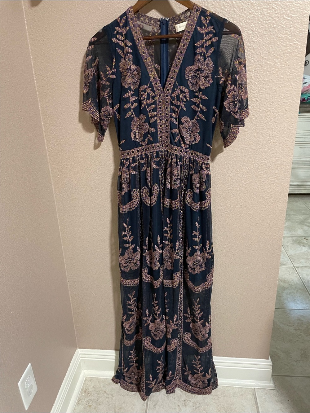 Altard State Embroidered Navy Maxi Dress with Pink Floral Accents
